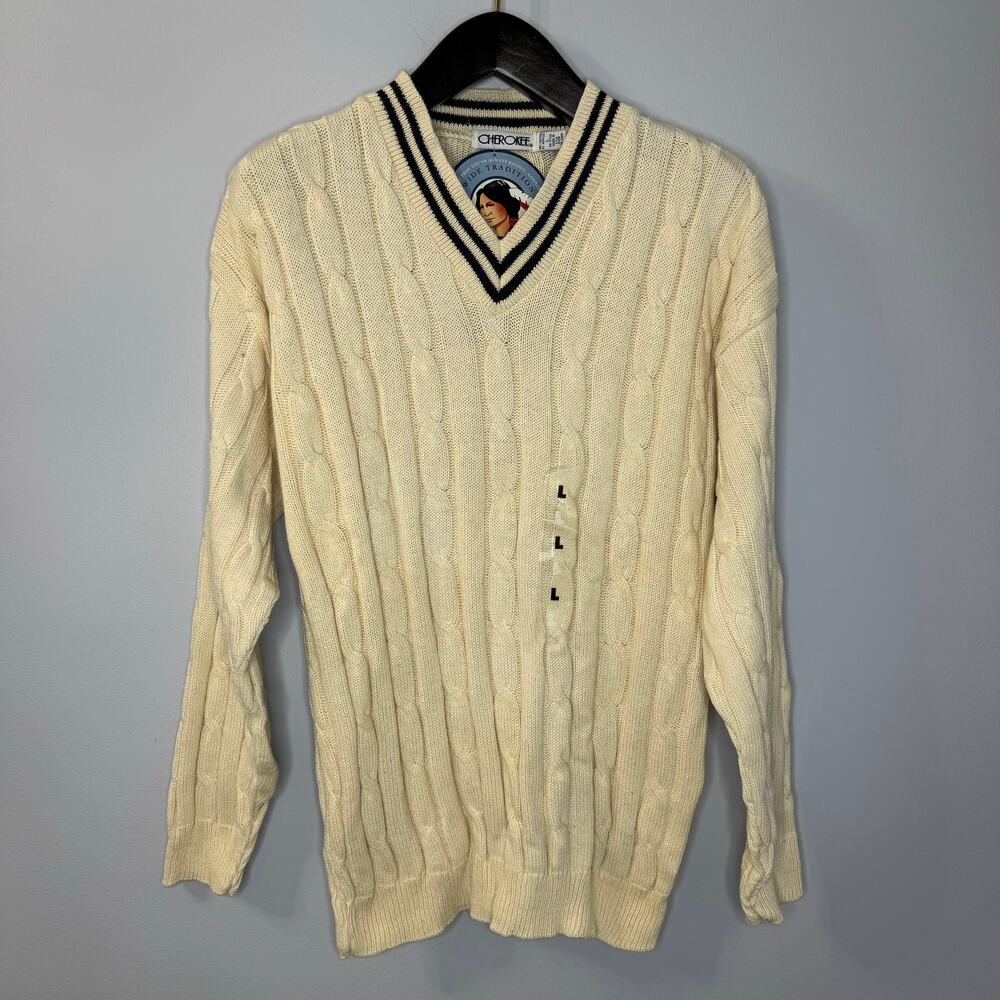 Cherokee Vintage Tennis V-Neck Cable Knit Sweater Cream Cotton Men's L New